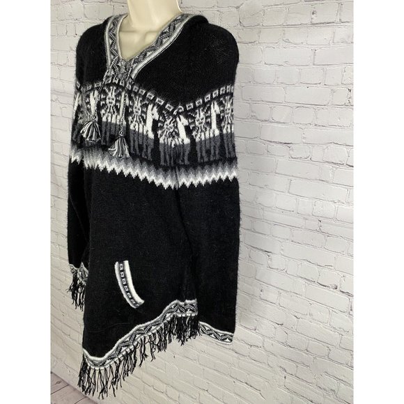 Kactus Artesanias Hooded Alpaca Knitted Pullover Tasseled Front Pocket One Size - Picture 3 of 10